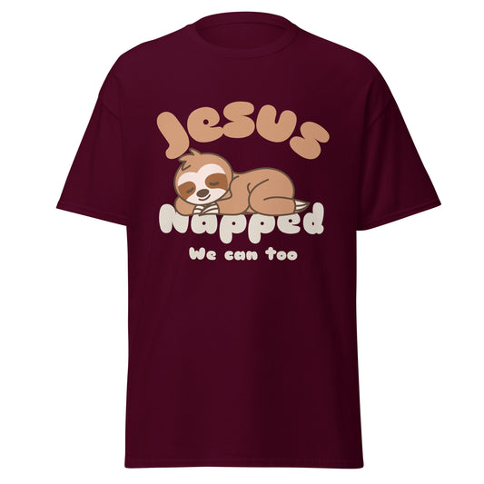 Maroon t-shirt with a sloth graphic and text on a white background
