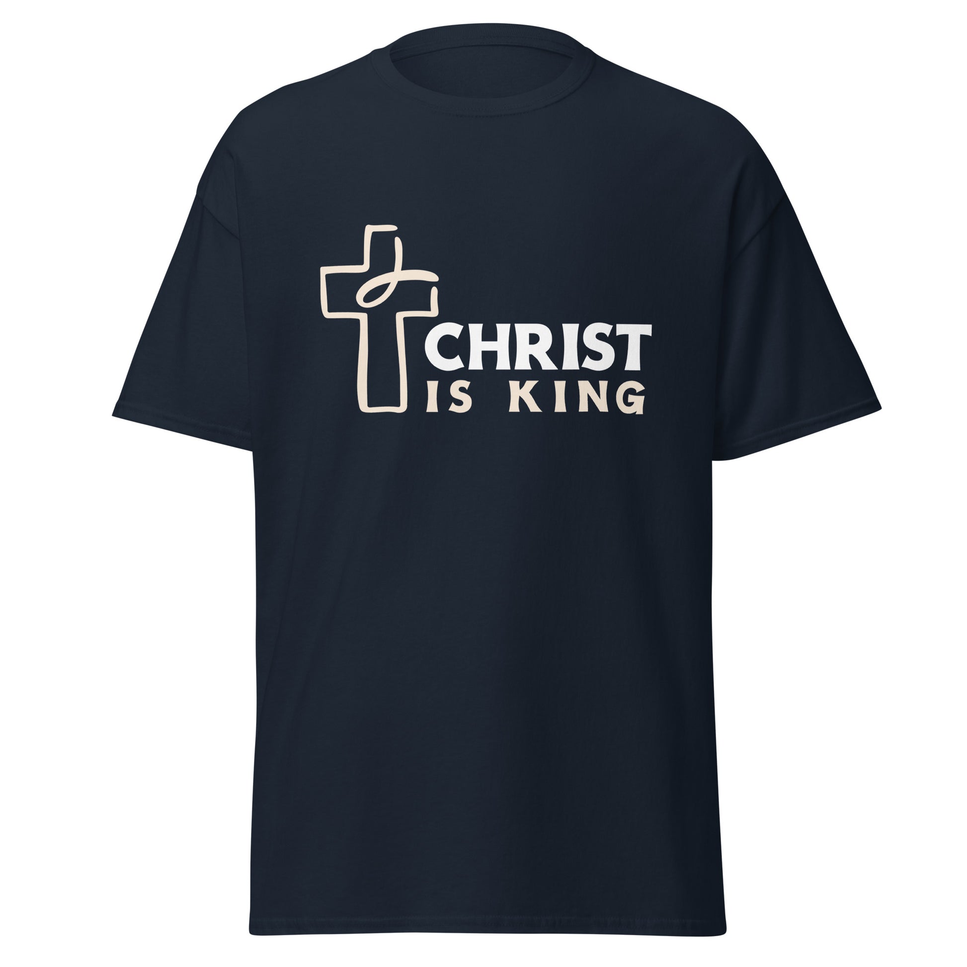 Navy blue t-shirt with 'Christ is King' text and cross design on a white background