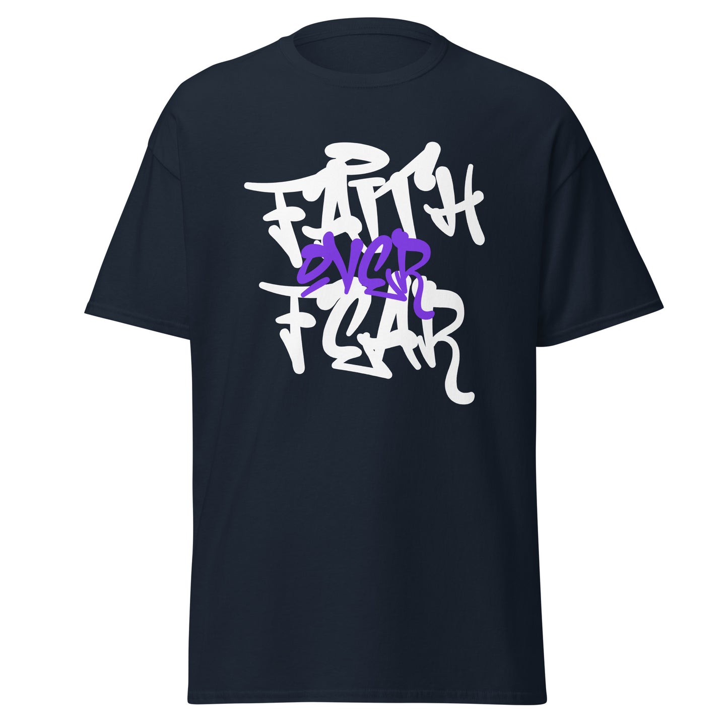 Navy t-shirt with white and purple text design on a white background