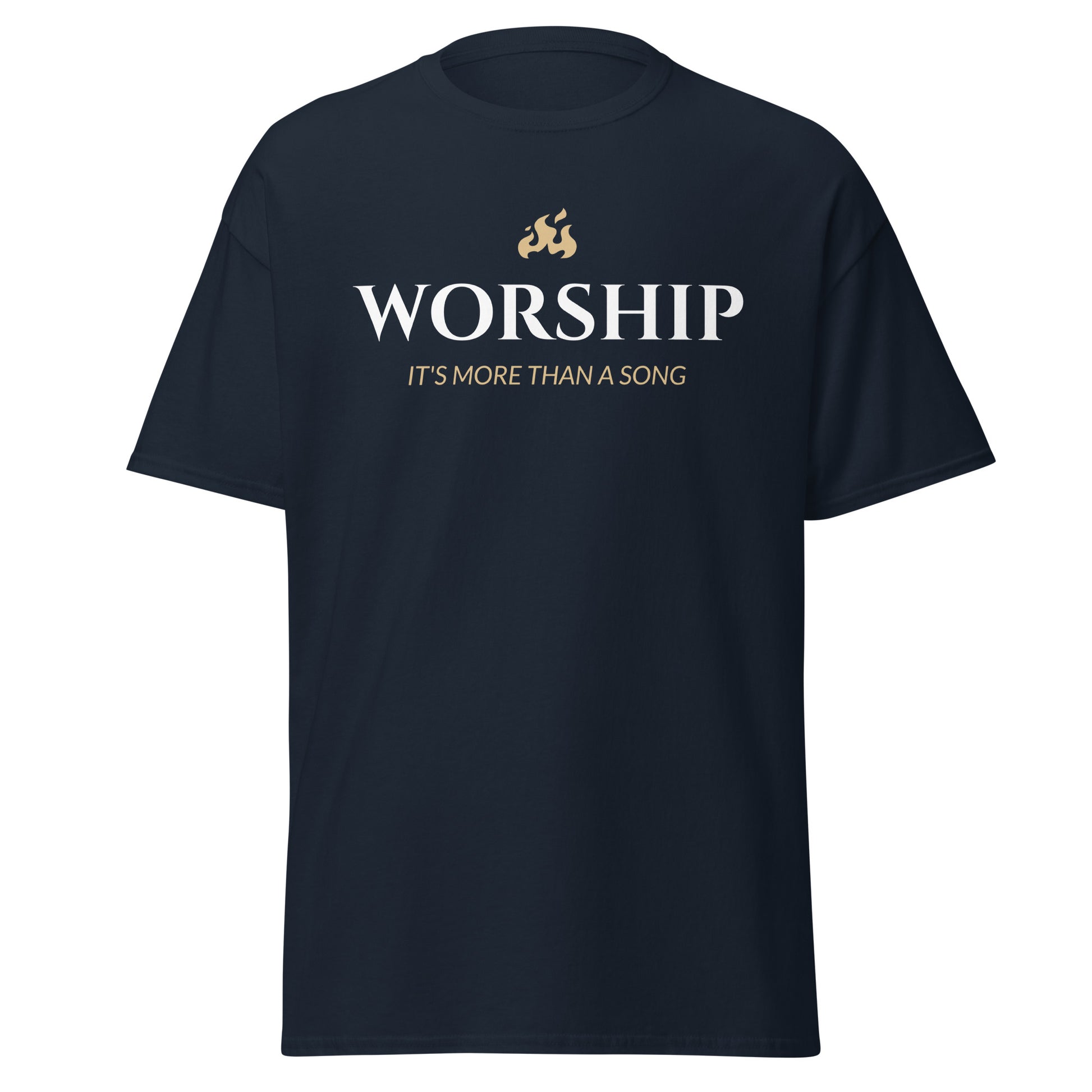 Navy t-shirt with 'WORSHIP IT'S MORE THAN A SONG' text on a white background