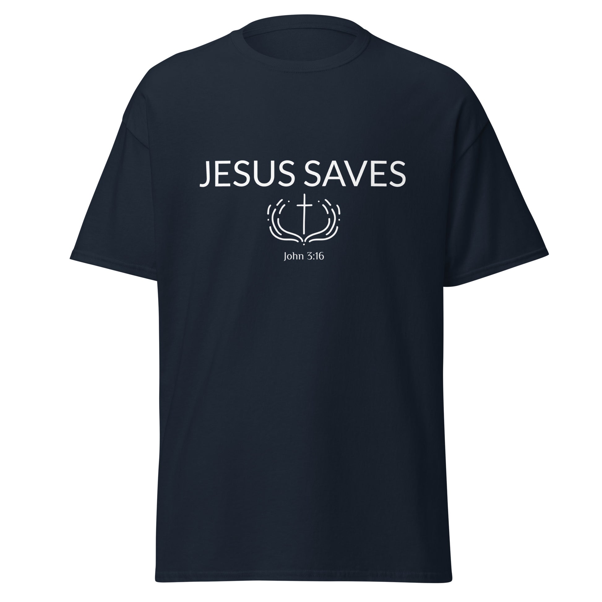 Navy blue t-shirt with 'Jesus Saves' text and cross design on a white background