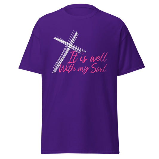 Purple t-shirt with a white cross and pink text 'It is well With my Soul' on a white background