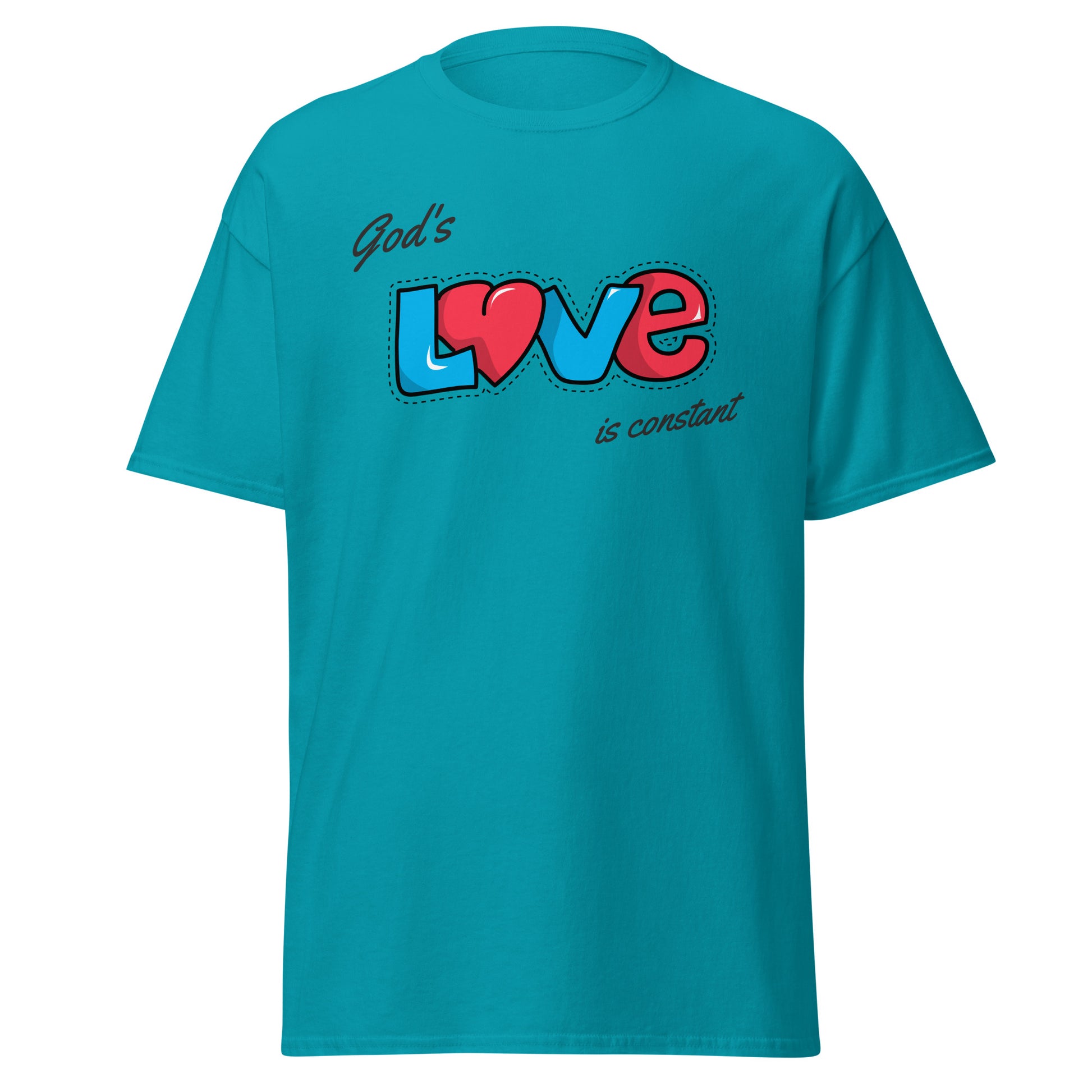 Turquoise t-shirt with 'God's Love is Constant' text and heart design on a white background