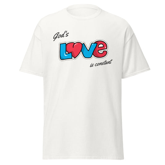 White t-shirt with colorful 'God's Love is Constant' design on a white background