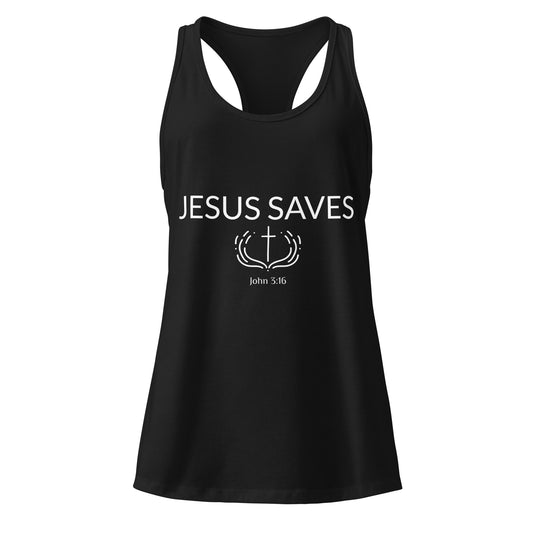 Black tank top with 'Jesus Saves' text on a white background