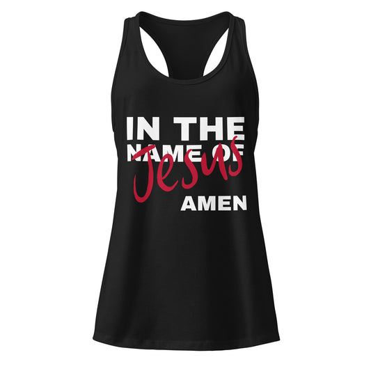 Black tank top with 'In the Name of Jesus Amen' text on a white background