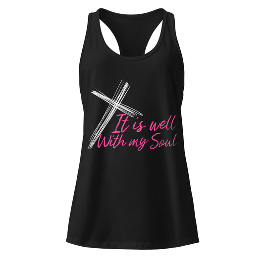 Black tank top with 'It is well With my Soul' text and cross design on a white background