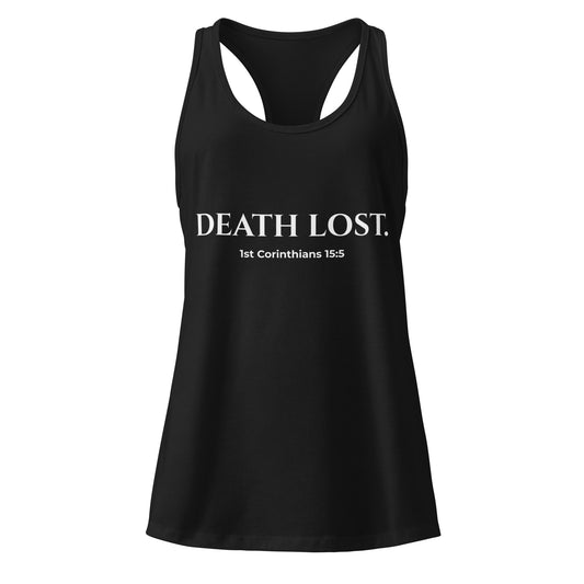 Black tank top with 'DEATH LOST. 1st Corinthians 15:5' text on a white background