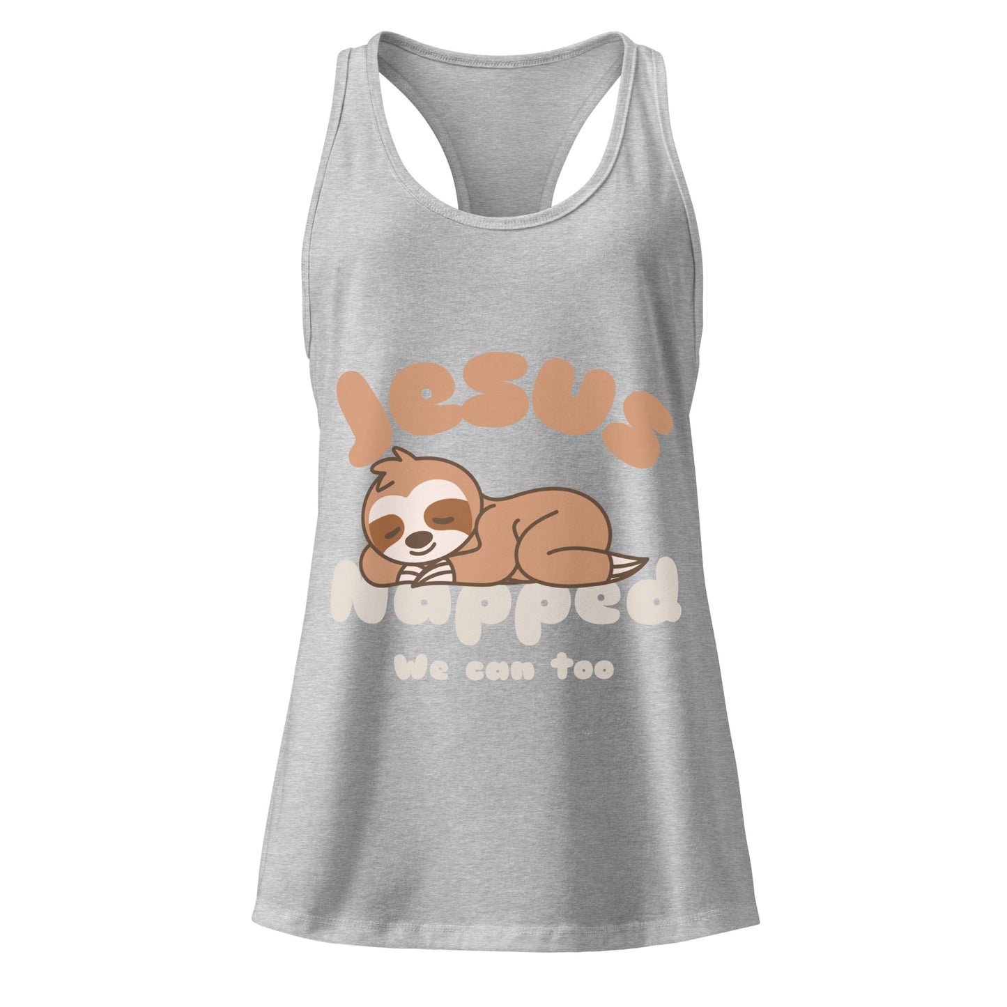 Gray tank top with a sloth graphic and text on a white background