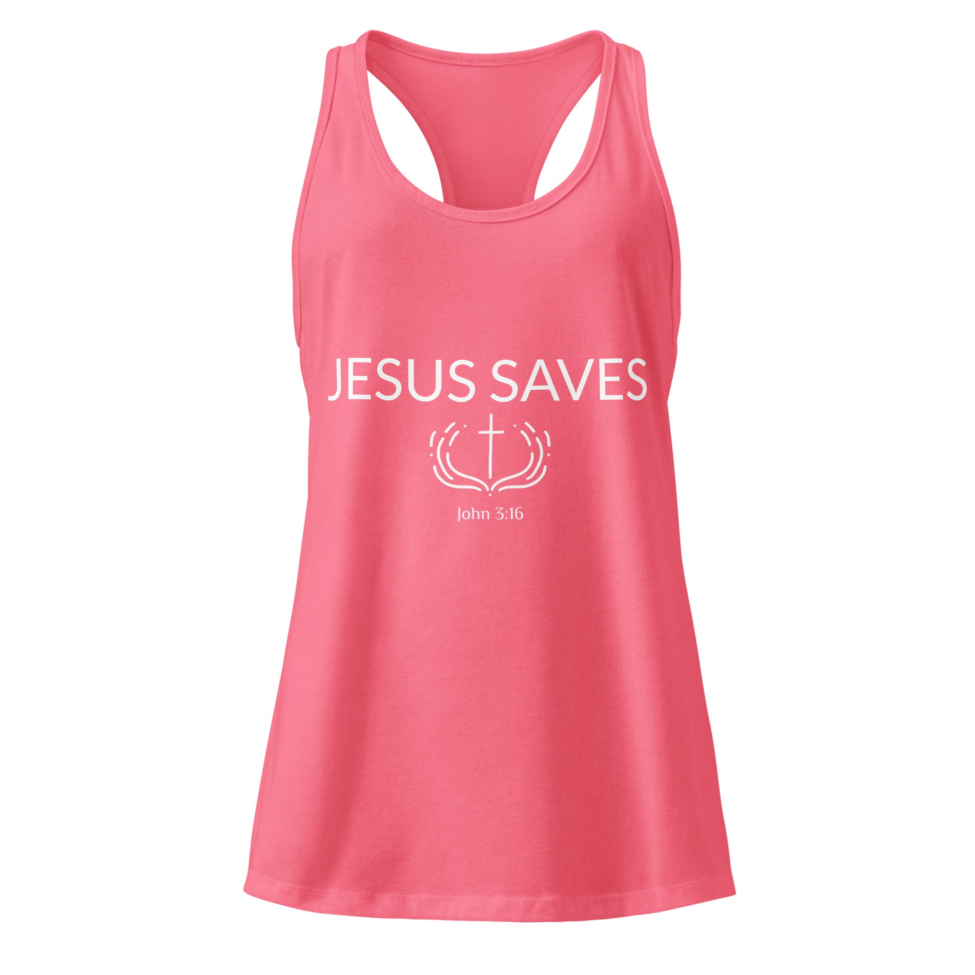 Pink tank top with 'JESUS SAVES' text on a white background