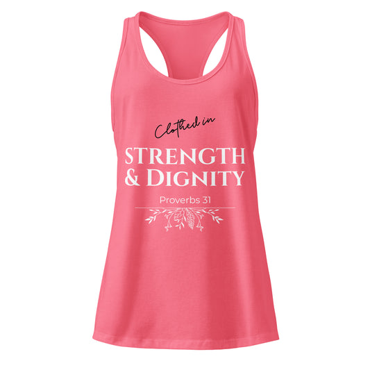Pink tank top with 'Clothed in Strength & Dignity Proverbs 31' text on a white background