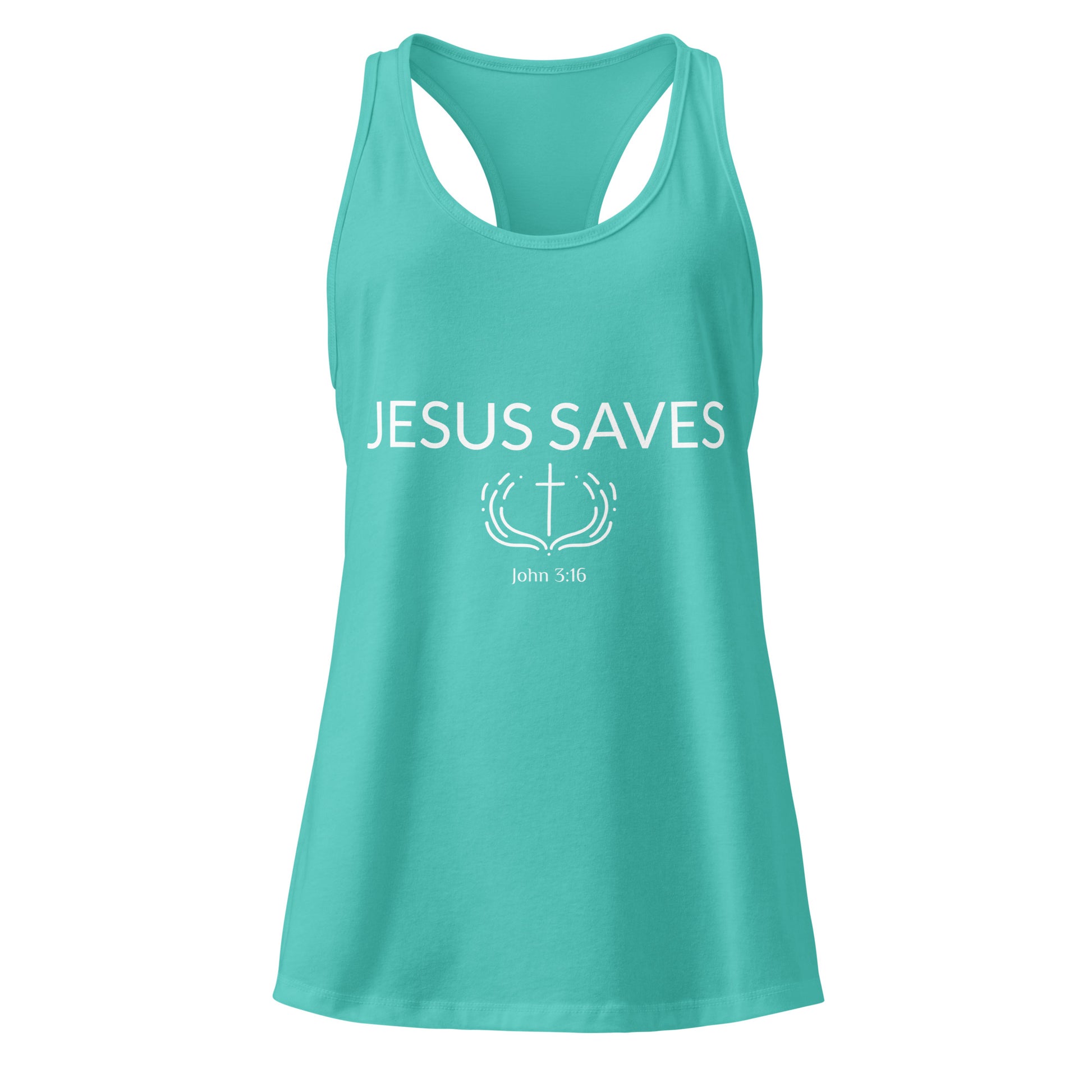 Turquoise tank top with 'Jesus Saves' text on a white background