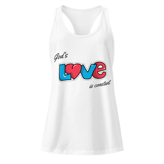 White tank top with 'God's Love is Constant' text and heart design on a white background
