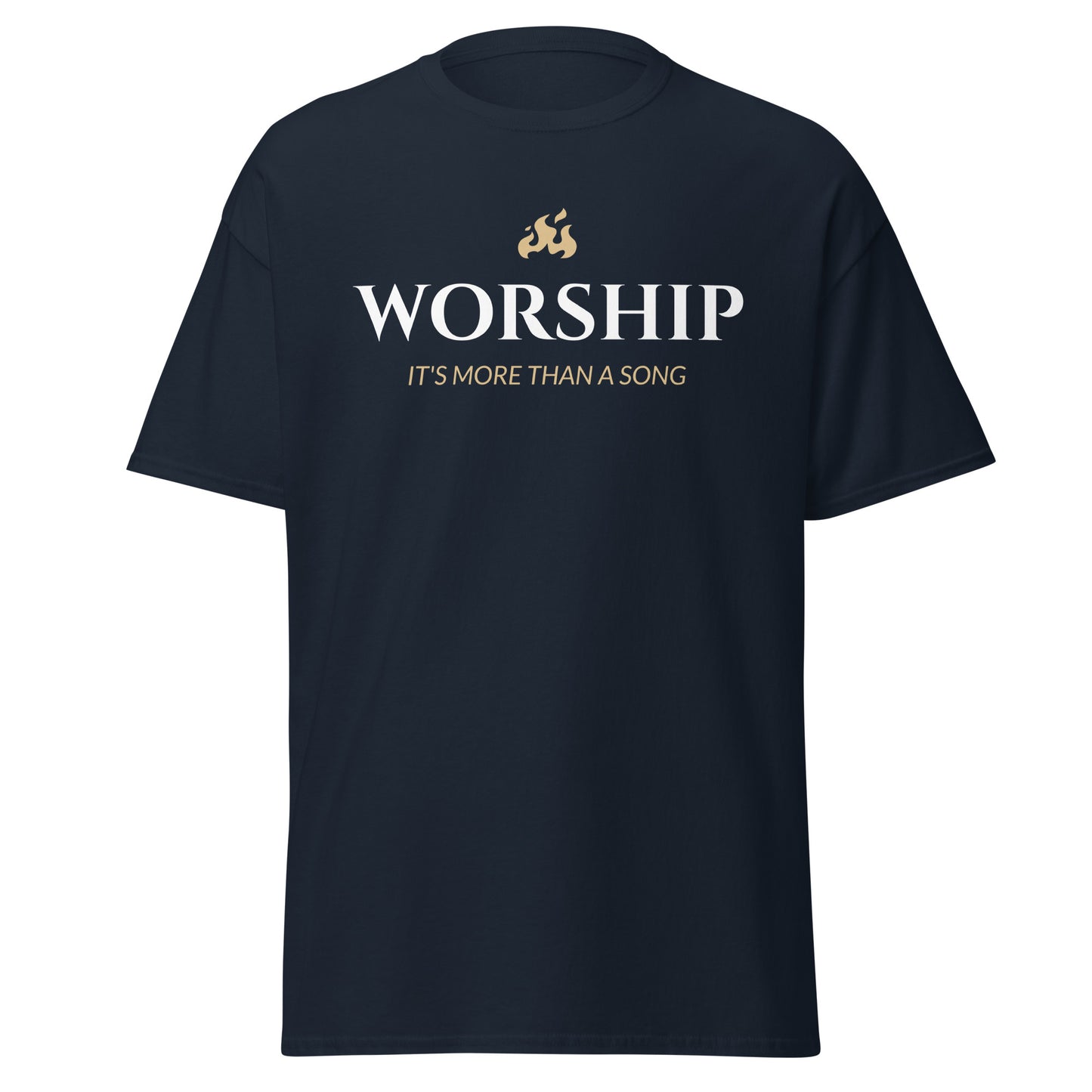 Navy t-shirt with 'WORSHIP IT'S MORE THAN A SONG' text